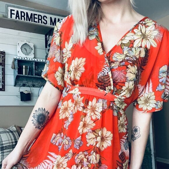 Love Fire Tropical Print Bohemian Floral Flutter Sleeve Semi Sheer Maxi Dress - Picture 1 of 13